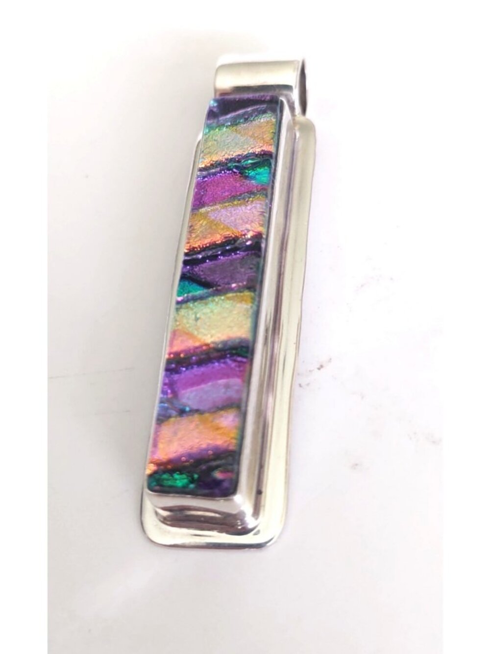 Dichroic fused glass pendant handworked Stamped 950 ultra-fine silver Kenya